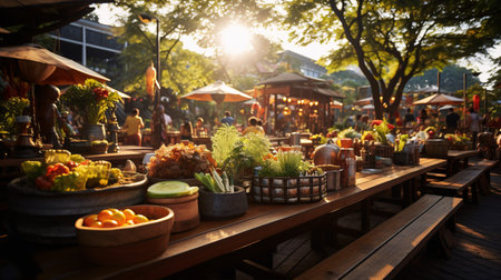 A vibrant outdoor bazaar with bright stands, exhibiting an assorted array of global gastronomies and edibles.の素材