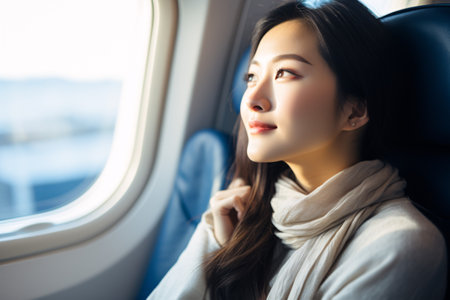 An Asian lady seated on a plane, gazing out the window, for a holiday travel idea.の素材