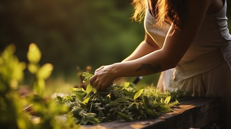 A female gathers natural herbs with focused attention.の素材