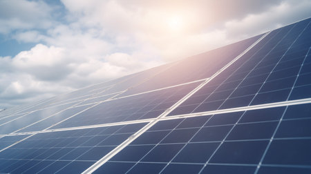 A closeup of a photovoltaic power plant displaying sustainable technology.の素材