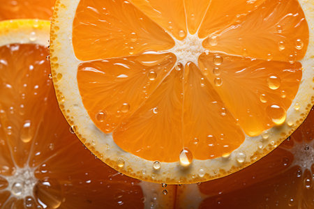 A close-up of succulent, glowing orange flesh, perfect for topics of healthy living, vitamins, diet, summer and fresh juices, against a fruity backdrop.の素材