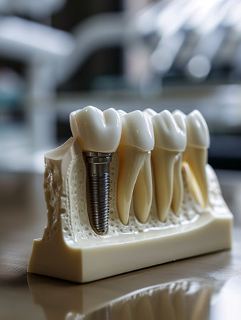 Close-up of dental model with implant, patient at dental office in blurred backdrop, dentistry ideas.の素材
