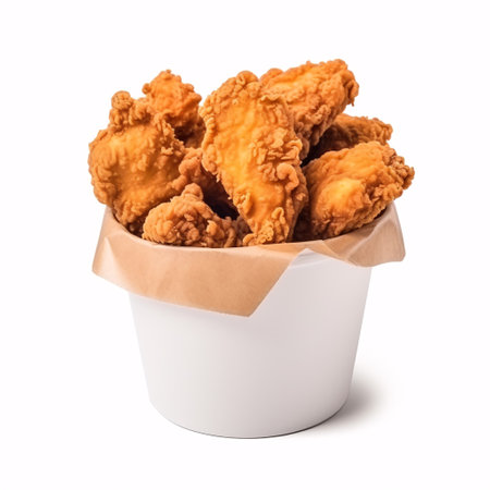 Crispy fried chicken isolated in a paper pail on a blank backdrop.の素材