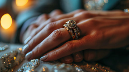 A macro shot of a man grasping a woman's hand adorned with an opulent diamond wedding band, symbolizing an engagement.の素材