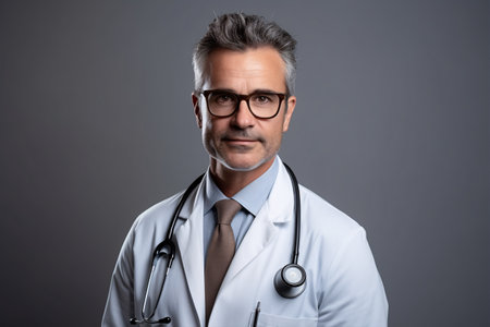 Doctor in white coat and glasses peering into camera with stethoscope against dark backdrop, ample text area; health concept.の素材
