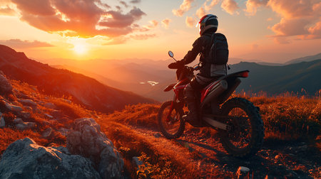 A skilled motorcyclist in complete gear riding an enduro bike on a mountain road at sunset. 3D illustration background. Idea of fast-paced motorcycle hobby adventure.の素材