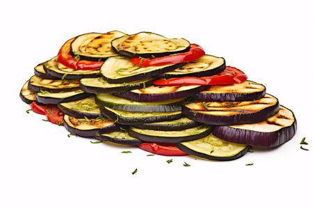 Grilled veggie slices on a white background; delicious!の素材