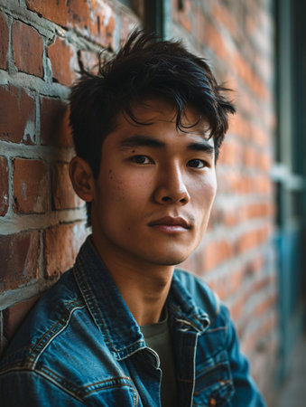 Snapshot of youthful Asian male against backdrop.の素材