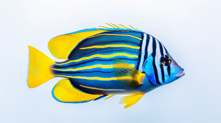 A school of Caesio Striata (Striated Fusilier), featuring blue stripes, frolics in an isolated sea on a plain white backdrop.の素材