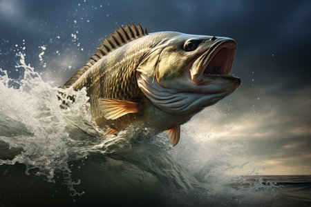 Massive-mouthed bass leaping from the waves.の素材