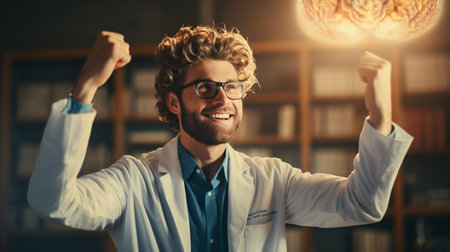 The jubilant male Caucasian physician, dressed in a doctor's jacket, triumphantly holds a brain while grinning and raising his hands in triumph at the medical center.の素材