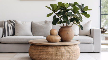 A wooden coffee table with a potted plant and wicker basket next to a gray couch in the living room.の素材
