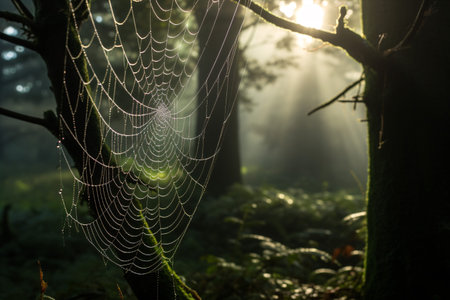 A delicate, dewy spider web glistening in a magical woodland, illuminated by the dawning sun.の素材
