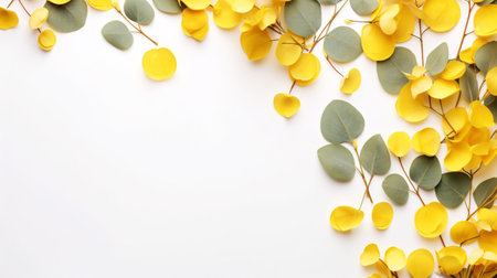 A composition of yellow blooms and eucalyptus foliage on a white backdrop in a flat-lay vista with copious space overhead.の素材