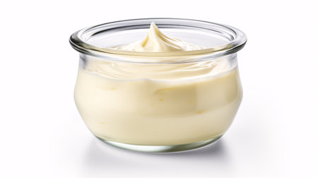A succulent mayo in a transparent jar set against a pristine white setting.の素材