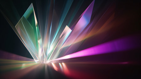 Colorful glare effect on dark background with crystal refraction and holographic sunlight reflection.の素材