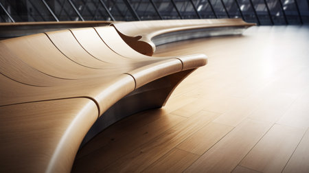 A curved wooden bench with contemporary styling is in view within an airport setting.の素材