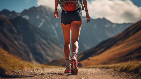 Trailrunning in the hills, Female limbs with trainers and rucksack, closely framed.の素材