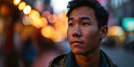 Snapshot of youthful Asian male against backdrop.の素材