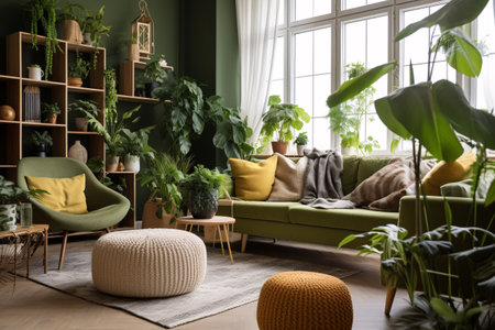 Indoor space with lush indoor plants and couches. Interior design.の素材