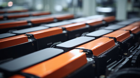 Detailed footage of Li-ion Cells for Electric Car Batteries Production Process, on Assembly Line for Vehicle Sector.の素材