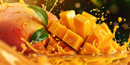 Vibrant mango papaya fruit juice splashing in a realistic display of summer tropical freshness.の素材