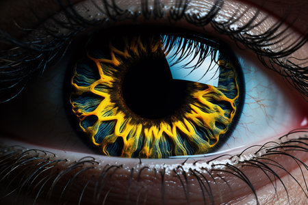 A macro photograph of a black-backgrounded eye-iris is depicted.の素材