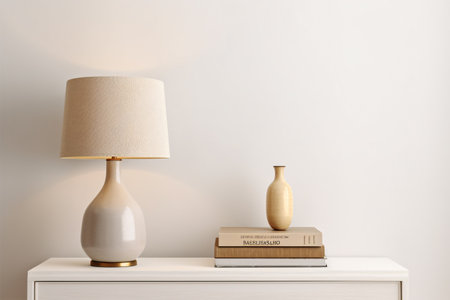 A modern white table lamp with a gilded edge and woven shade sits alongside books on a spartan wooden buffet, against a vacant beige wall, in a 3D close-up.の素材