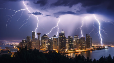 The grandiosity of nature is magnificently portrayed in a cityscape lit by a tumultuous lightning storm.の素材