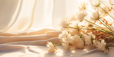 Sunlit boho wedding background with creased beige linen texture and botanical shadows.の素材