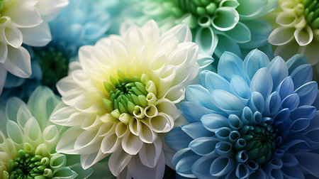 Vividly-hued chrysanthemum near viewpoint, displayed against a multi-hued floral backdrop of spring and summer.の素材