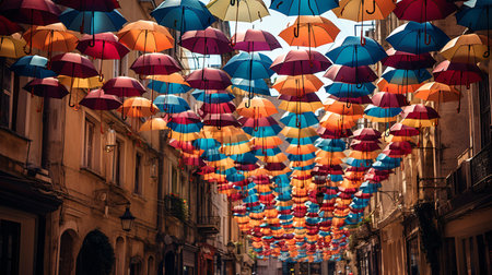 A picturesque, rainbow-hued arch of umbrellas dangles over a lively city street.の素材