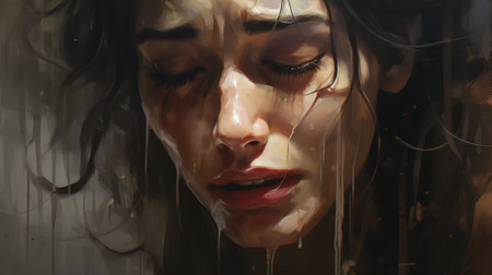 A poignant depiction highlighting teardrops flowing down a person's cheeks, symbolizing sorrow or distress.の素材