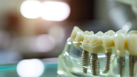 An image of a dental model with an implant, featuring a patient at a dental office in the background.の素材