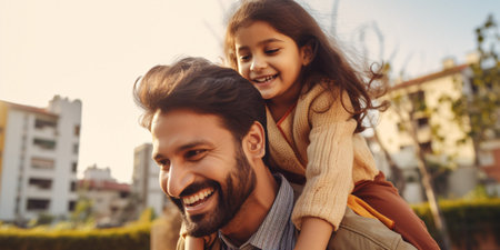 Joyful Indian guardians enjoying time with child on father's shoulder in the outdoors - representing the idea of parental bonding and weekend getaways.の素材