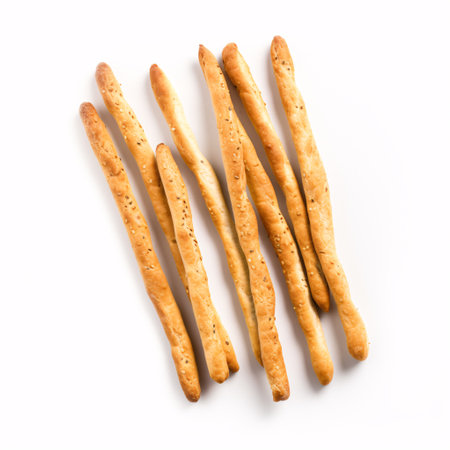 Isolated Salty Grissini, Crispy Breadstick and Homemade Pretzel Top View on White Background.の素材