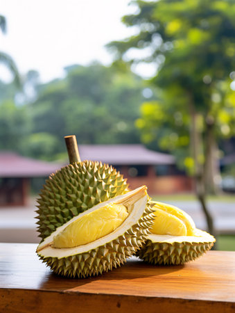 Durian on wooden surface with hazy durian farm backdrop.の素材