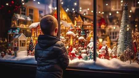 Young child marvels at festive decorations in store display on snowy evening while traveler observes holiday trinkets and embellishments at traditional Christmas bazaar.の素材