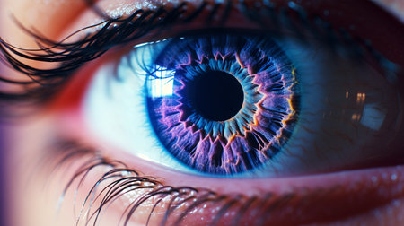 A macro image of a purple-tinted human eye lens against a textured blue background.の素材