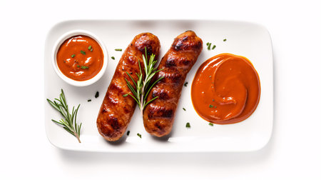 Grilled sausages with rosemary and sauces, top view on a white backdrop, allowing for space.の素材