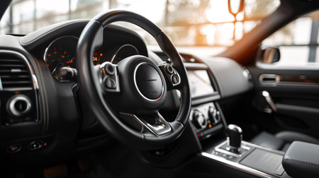 Contemporary vehicle interior featuring a media phone control-equipped steering wheel on a white background.の素材