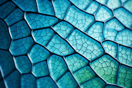 A mosaic of cells and veins formed a horseradish leaf closeup, creating an abstract nature wallpaper of blue-green hues.の素材