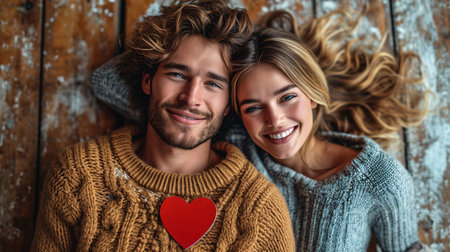 Bird's-eye view of joyful young pair gazing and grinning at each other while reclining on timber surface. Woman is clutching a scarlet card heart.の素材