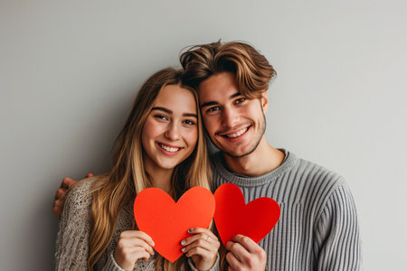 Joyful pair is grasping crimson love symbols and grinning against a neutral backdrop.の素材