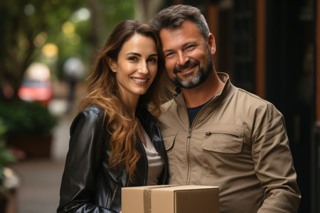 Joyful lady receiving delivery from male courier at her doorstep.の素材