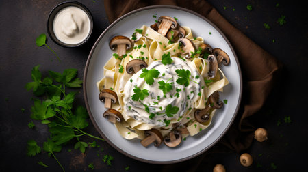 Creamy pappardelle pasta with mushrooms, garnished with parsley and photographed from above on a stone surface.の素材
