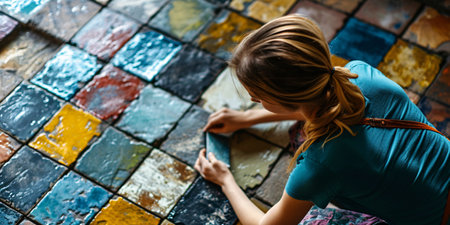 Female architect chooses epoxy grout for ceramic tiles by examining finish options, top-down view.の素材