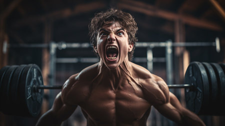 A young bare-chested man performing deadlifts in the gym and yelling for encouragement.の素材