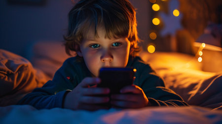 A kid addicted to technology in bed at night, using a mobile device to play games, watch videos and scroll through the screen.の素材