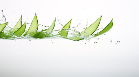 Slices of aloe vera wafting composition on white backdrop; idea of beauty regimen.の素材
